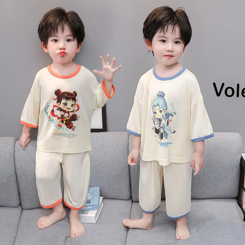 男童睡衣夏季莫代尔七分袖哪吒空调服套装男孩夏天哪吒睡衣儿童