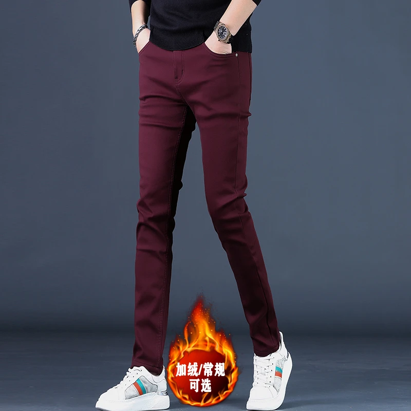 2025秋冬季新款红色加绒保暖牛仔裤男潮修身潮流休闲小脚裤子韩版
