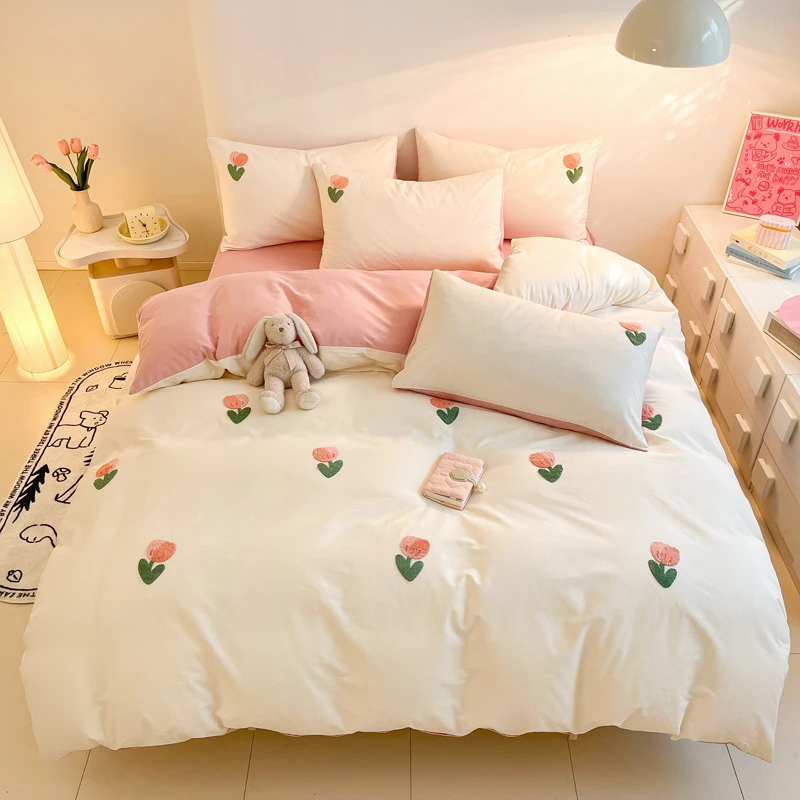 新款小清新全棉四件套简约毛巾绣卡通纯棉学生三件套床单被套轻奢