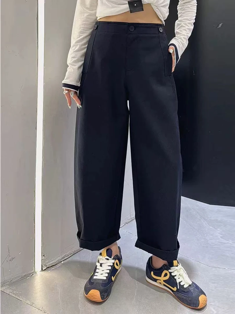 欧洲站2025秋新款藏青色莱塞尔九分气球休闲裤女小个子气质西装裤