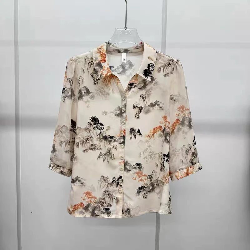 正品新款春季女装时尚宽松休闲对门翻领透气雪纺衫上衣女