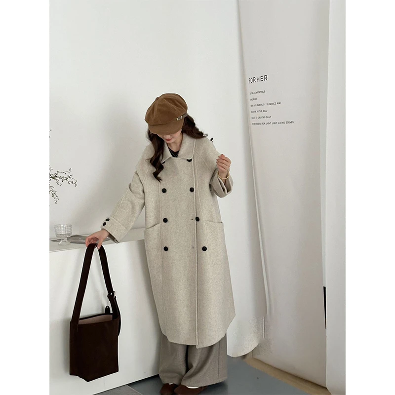 高级感大衣秋冬宽松大版娃娃领双排扣挽袖长款小个子韩版羊毛大衣