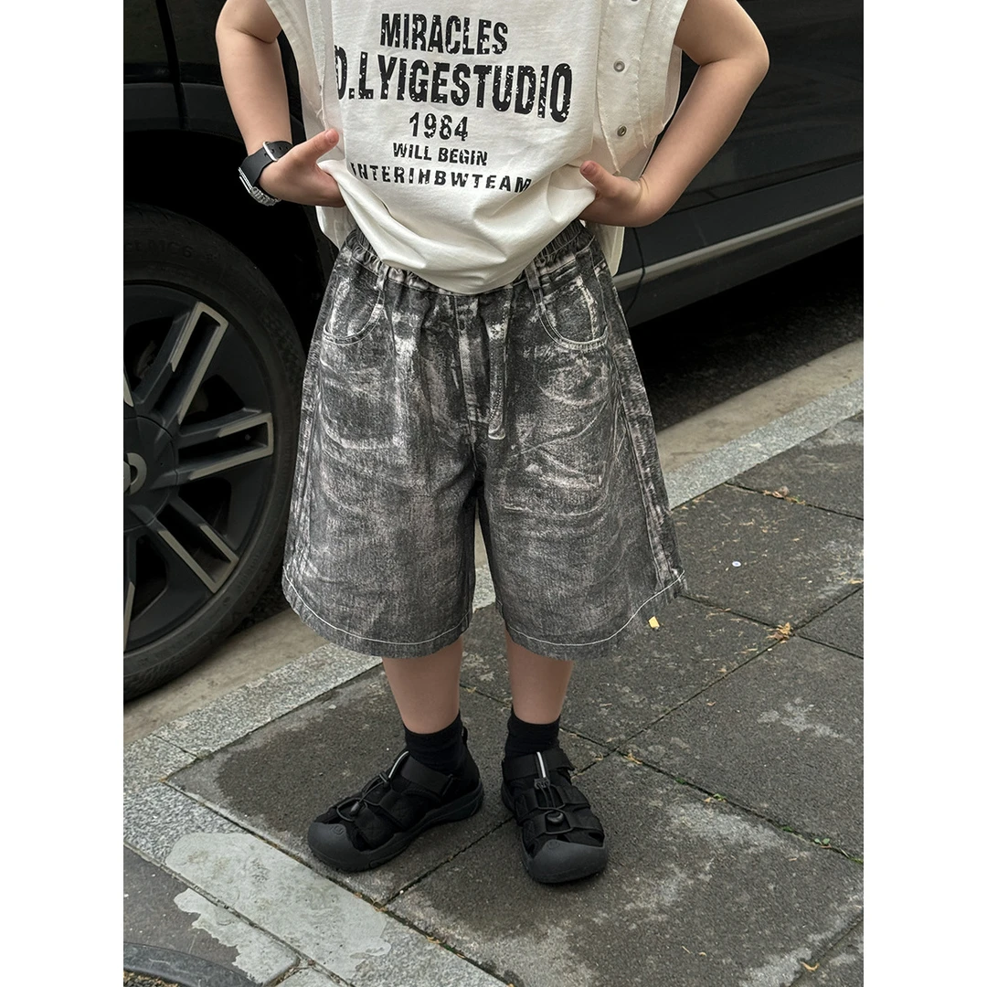 男童休闲短裤25年夏季童装仿真废土风五分裤棉布数码印花