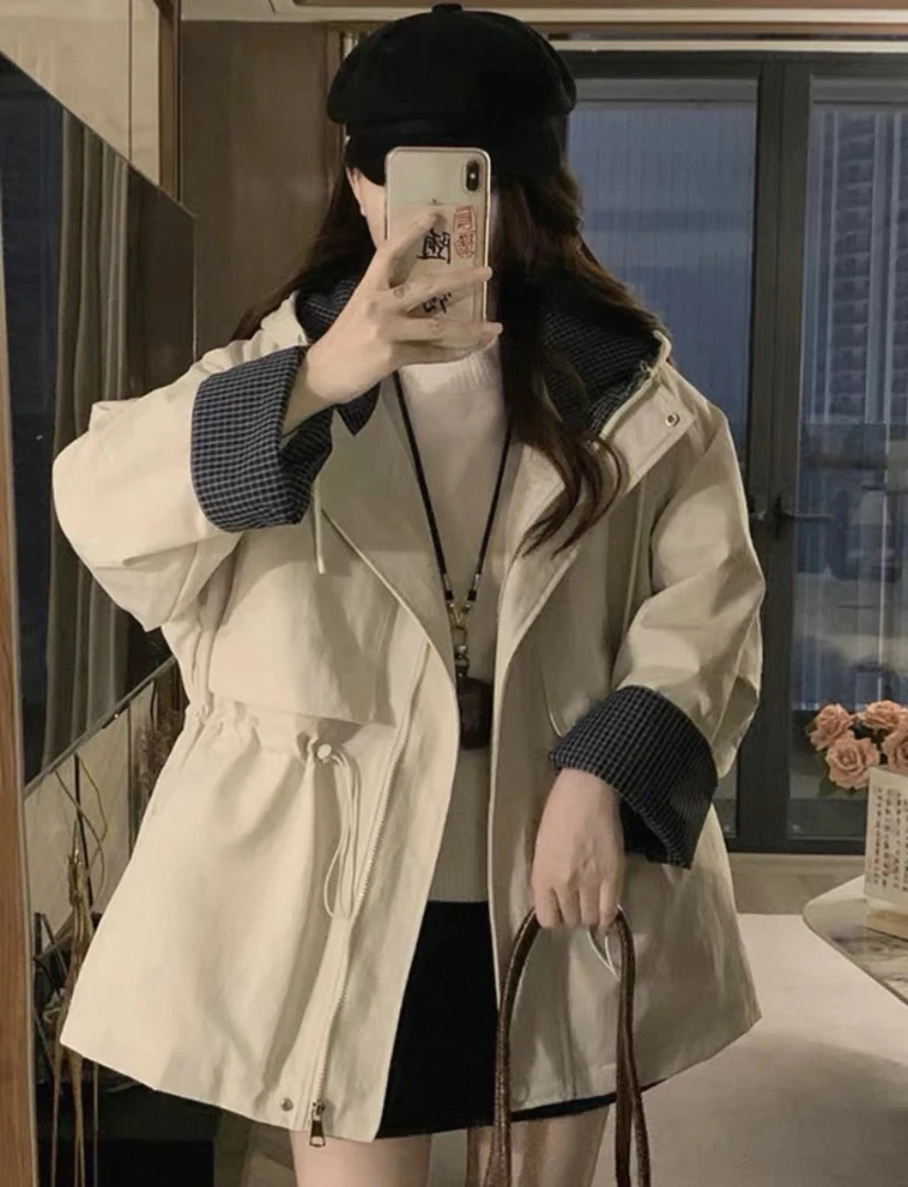 【李姑娘专属】88121拼接格子抽绳收腰外套