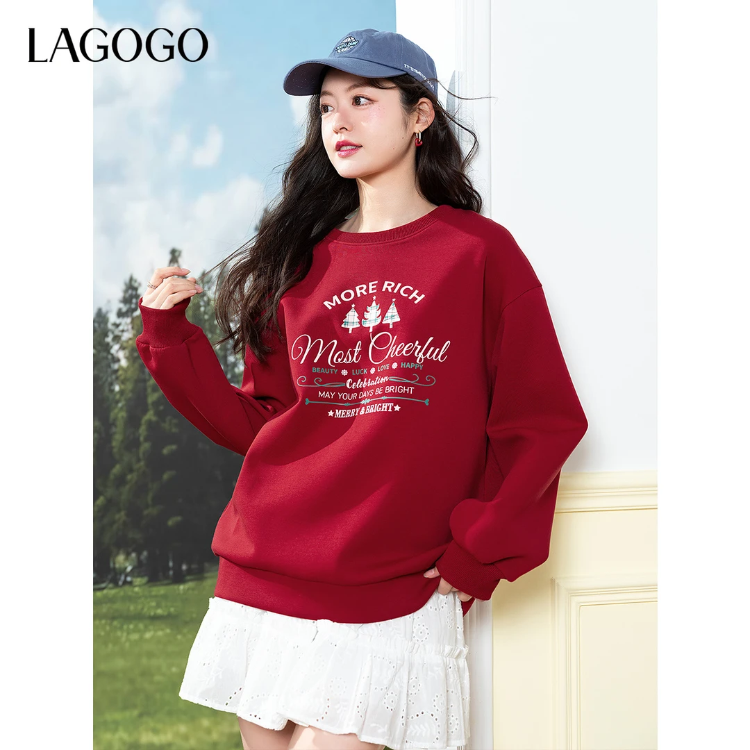 LAGOGO红色卫衣女2025年春新款节日氛围感上衣OAEE411G01