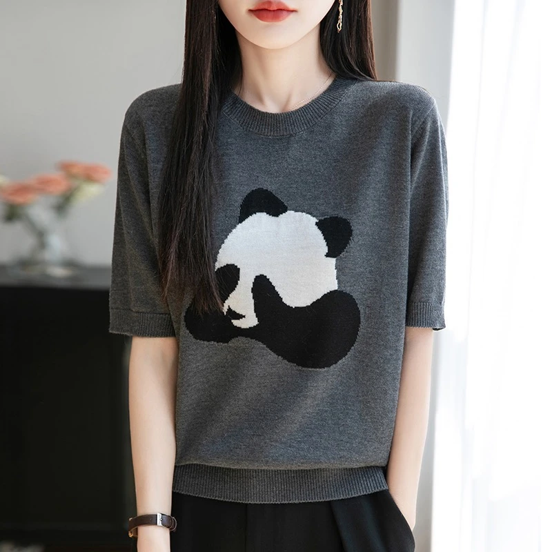 刺绣圆领精纺羊毛简约基础款气质短袖体恤夏季针织衫t恤上衣