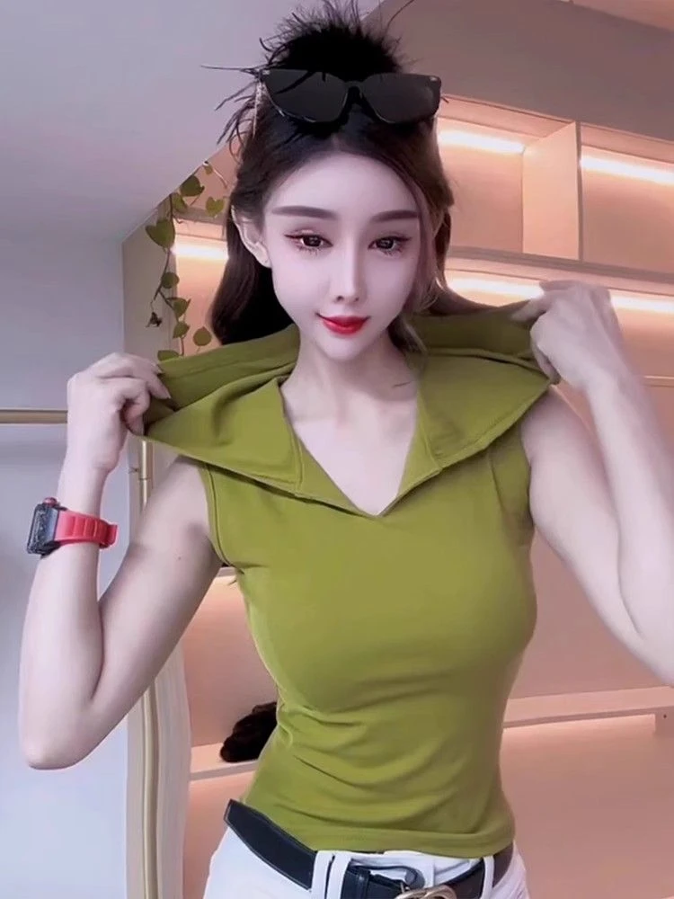 爆款夏季新款时尚设计感打底衫修身纯欲V领连帽无袖背心T恤女上衣