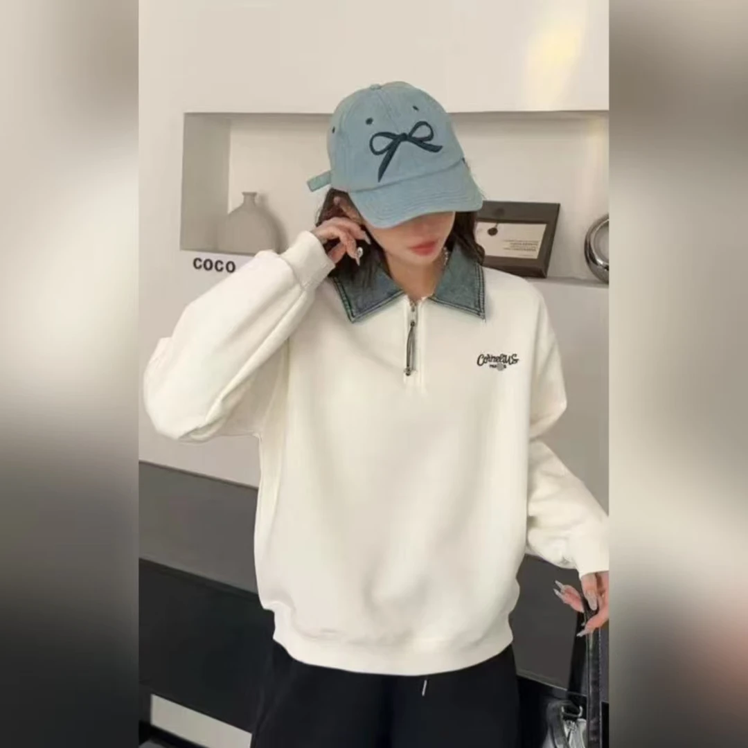 东6162白灰拉链字母女士卫衣