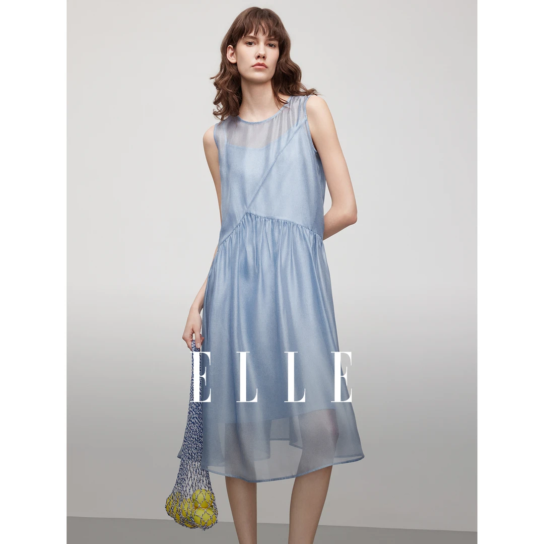 【黄蓉推荐】ELLE25夏新款圆领罩衫式连衣裙两件套气质EL51131
