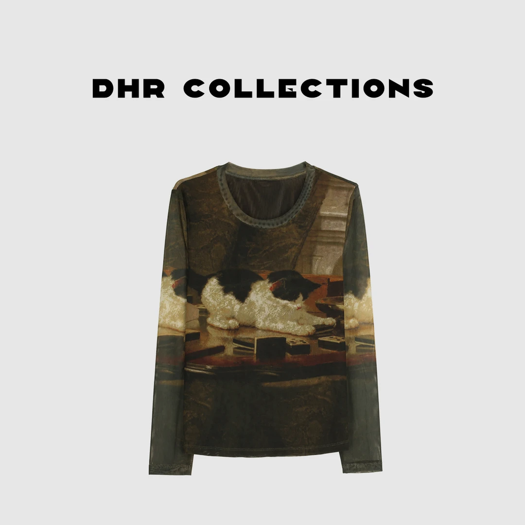 豆豆6【可露丽】扎染小猫咪圆领百搭秋季休闲通勤长袖T恤女-DQ1718