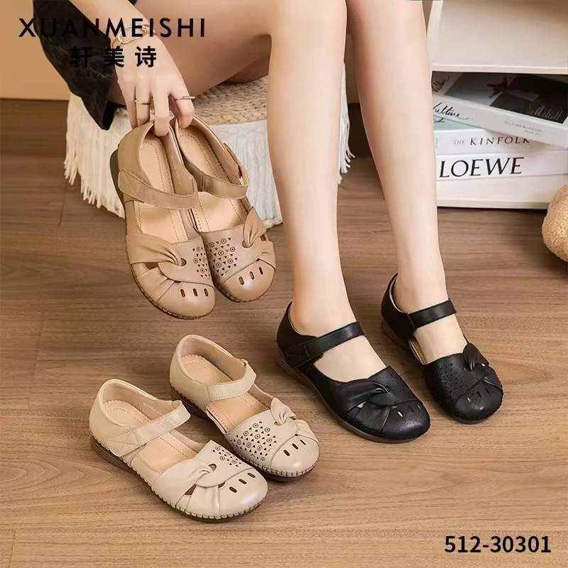 轩美诗2025夏季新款软底软面头层牛皮时尚舒软镂空休闲妈妈女凉鞋