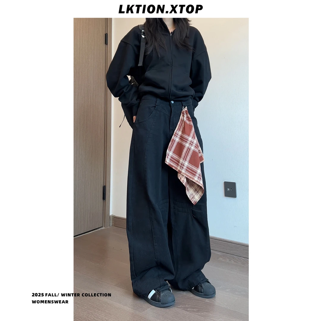 LK正品 送方巾 痞帅潮新款显瘦高腰休闲百搭直筒小众休闲弯刀长裤