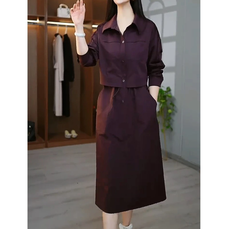 休闲百搭假两件抽绳收腰裙2025年春季新款时尚工装风中长款连衣裙