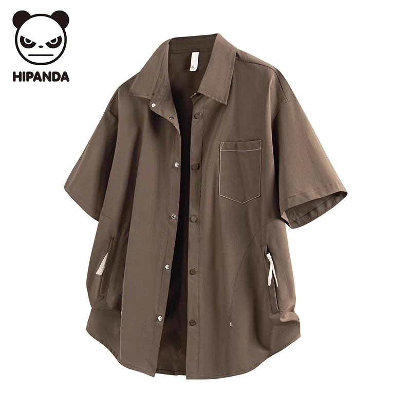 HiPanda你好熊猫美式复古短袖衬衫男士夏季外套衬衣拉链口袋宽松