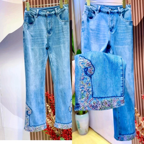 【青花牛仔】新中式国风夏季复古刺绣高端高腰9分微喇宽松牛仔裤