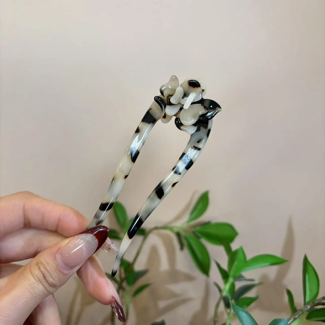 时尚小众！复古醋酸发簪！花朵发钗U形女醋酸发簪丸子头盘发头饰