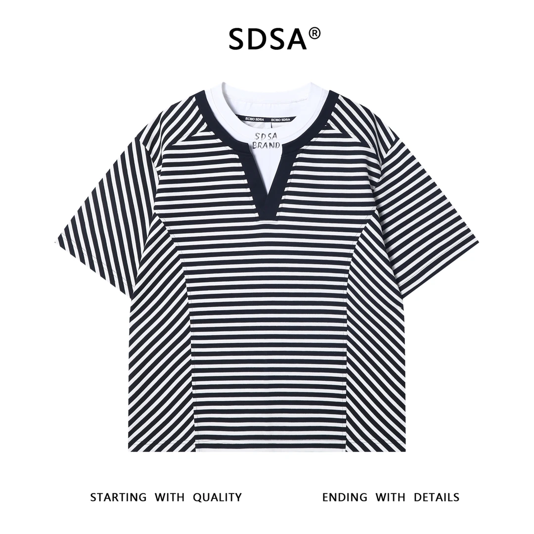 夏季高级感新款男士条纹假两件圆领短袖T恤手绘字母百搭潮流上衣