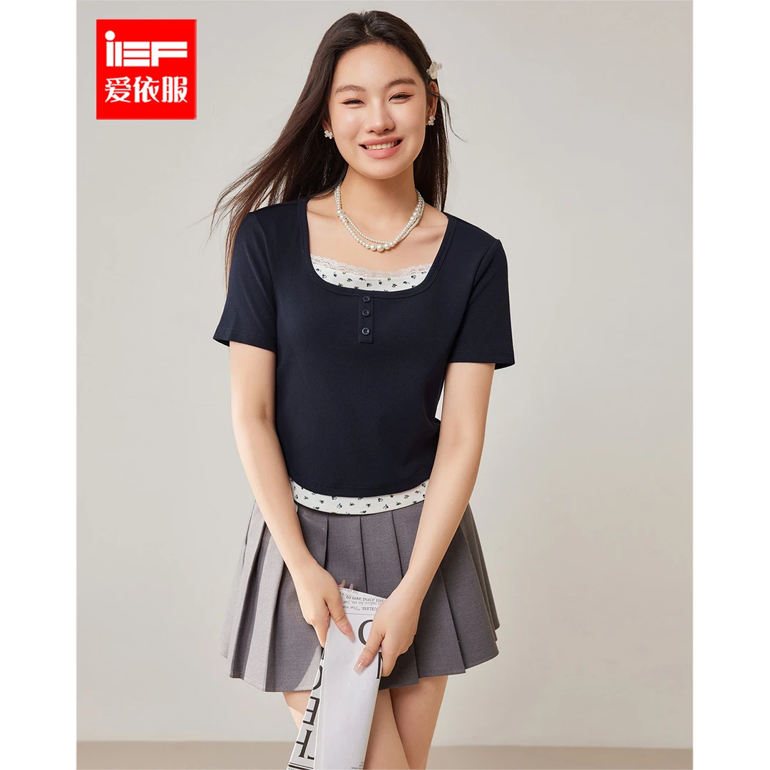 IEF/爱依服大码女装2025夏季新款微胖法式甜美风假两件设计上衣