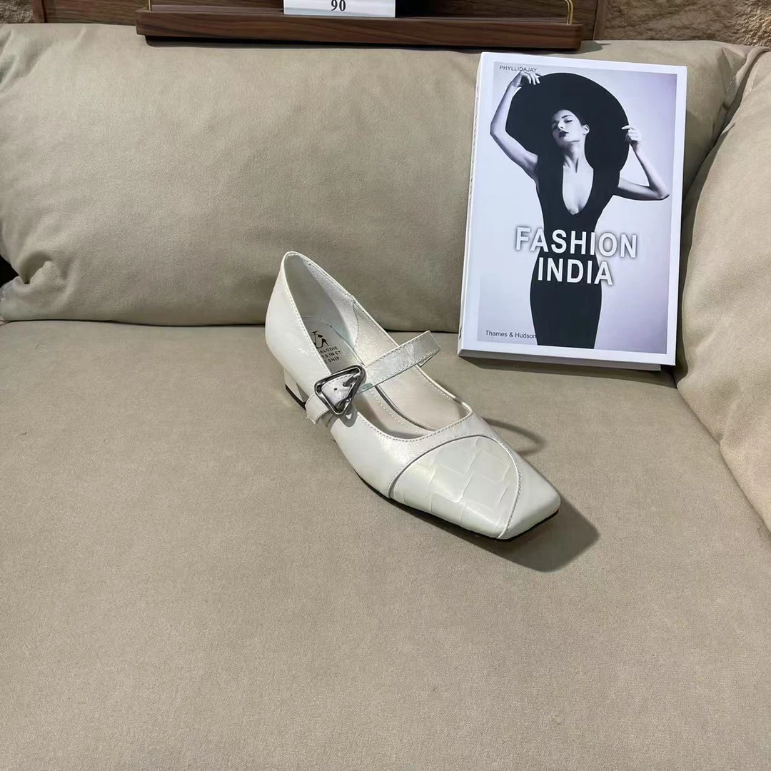 998【米白色】春新款百搭休闲小方头高跟浅口纯手工牛皮单鞋C【5cm】