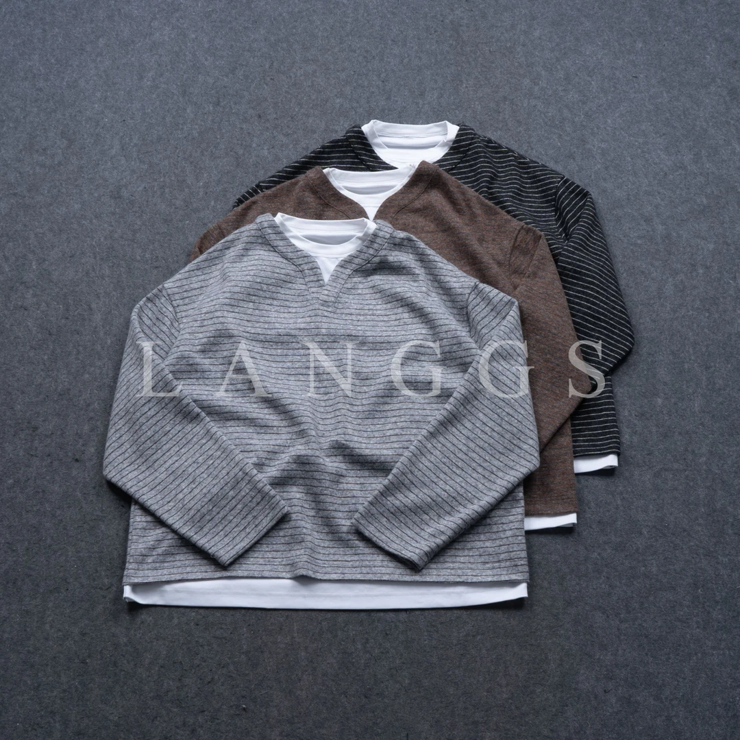 LANGGS&鸣谷 羊毛暖芯条纹假两件V领针织打底卫衣-FW5457