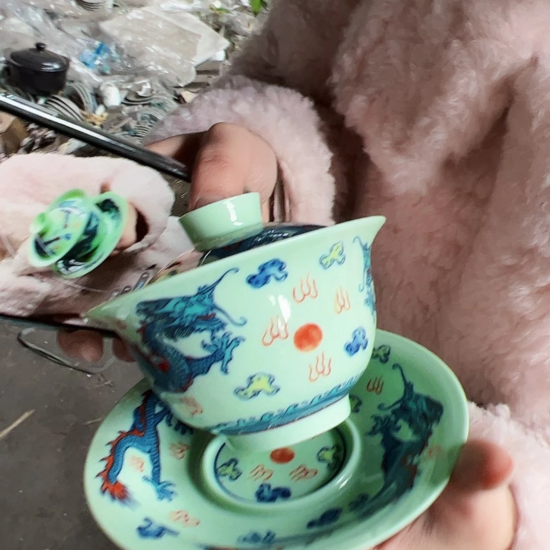 摆件陶景德镇绿xixi双龙三才盖碗