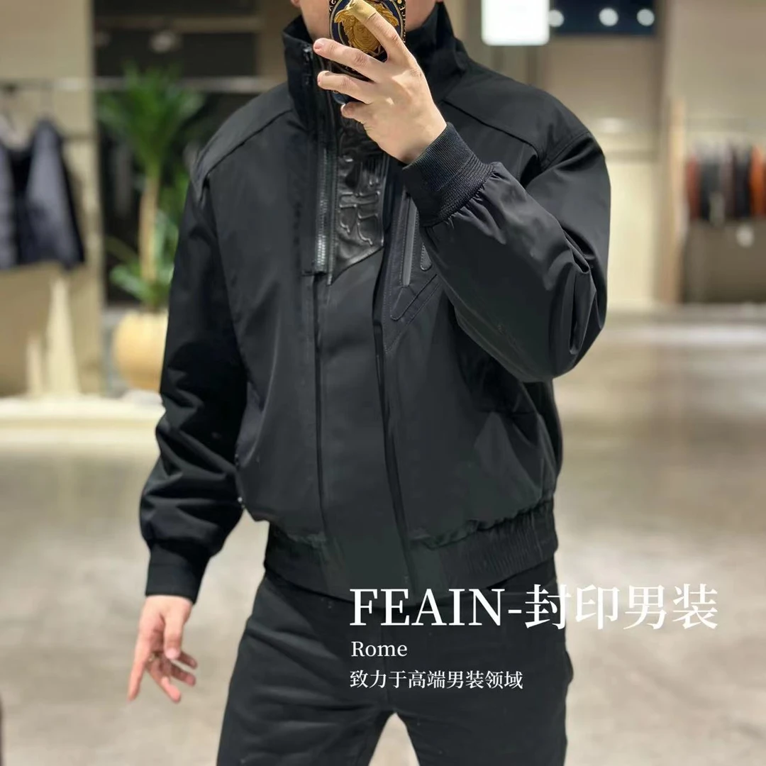 高端定制鹅绒真皮拼接机能风男士夹克羽绒服480218