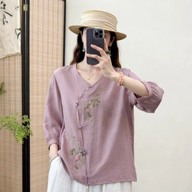 新款苎麻衬衫女装2025夏季新中式刺绣小个子上衣显瘦复古V领小衫