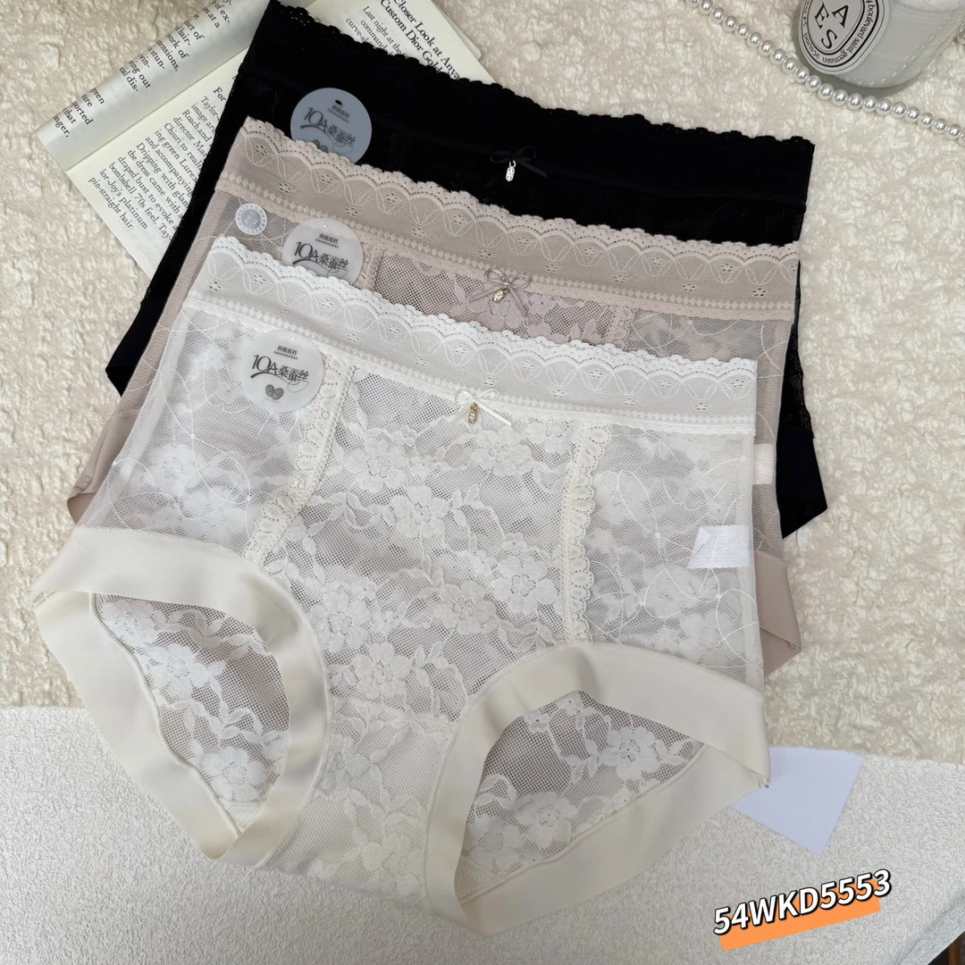 【圣代夜】女士中高腰透气蕾丝舒适三角短裤棉感纱