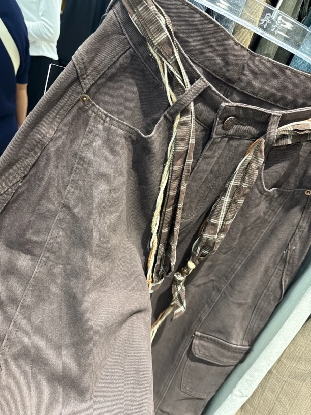 早秋新款复古格子领带腰带大口袋高腰拖地宽松阔腿工装裤