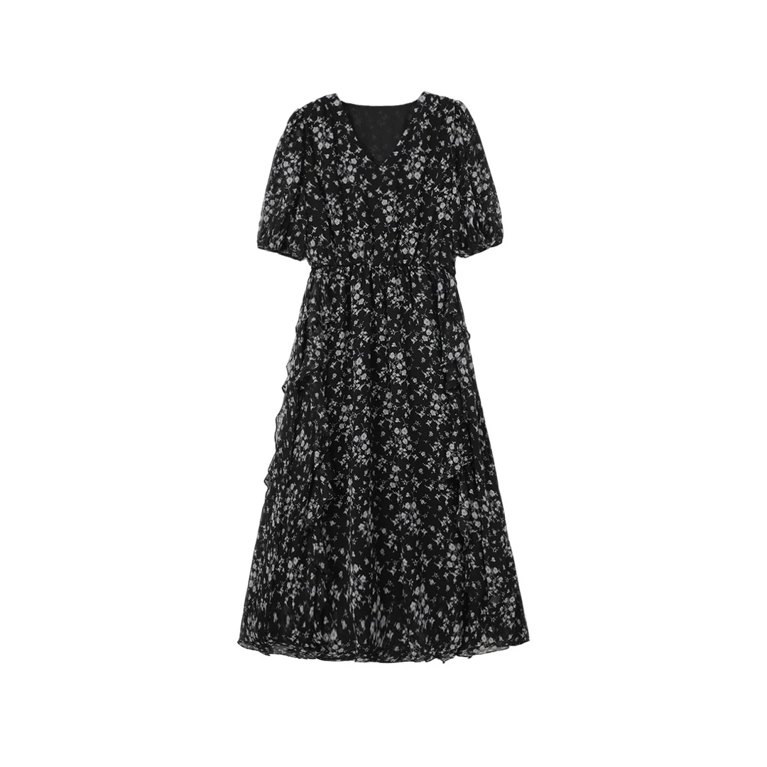 【樱草花连衣裙】高支乔其纱v领收腰法式复古碎花荷叶边W23BZ1092