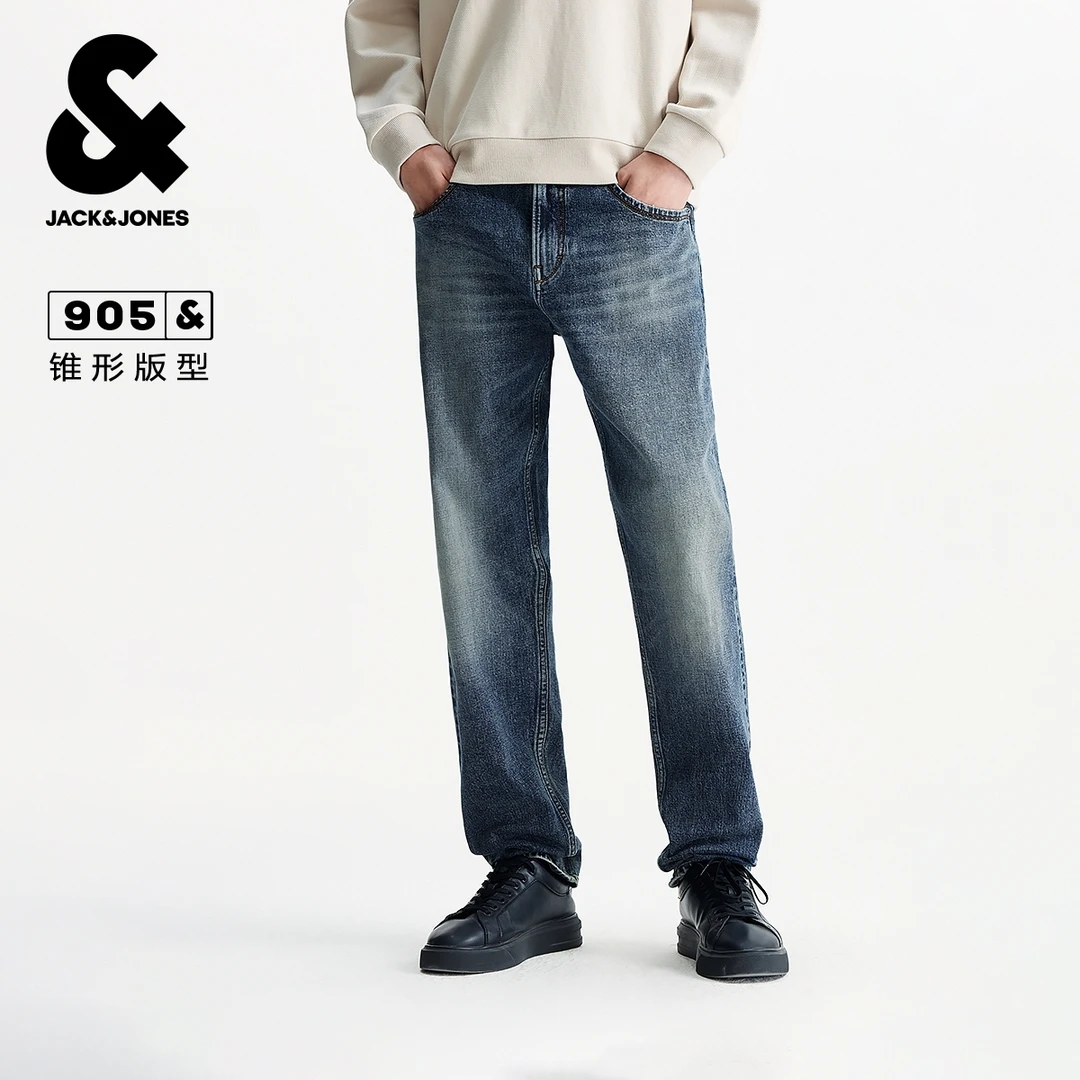 杰克琼斯男装秋季新款做旧磨破水洗休闲百搭织边牛仔裤锥腿长裤子