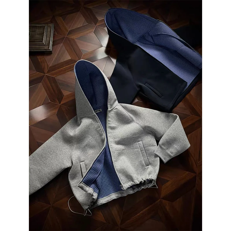 复古深蓝格纹空气层廓形重磅连帽拉链卫衣抽绳可调节下摆