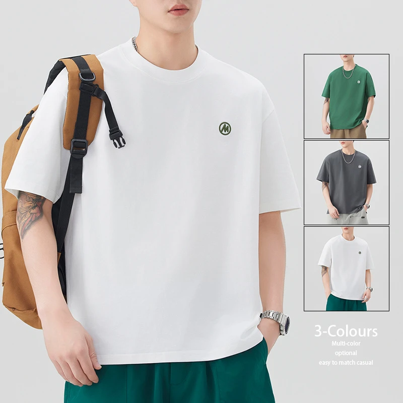 2025新款刺绣休闲男士圆领短袖t恤i宽松潮牌重磅T恤上衣男体恤衫