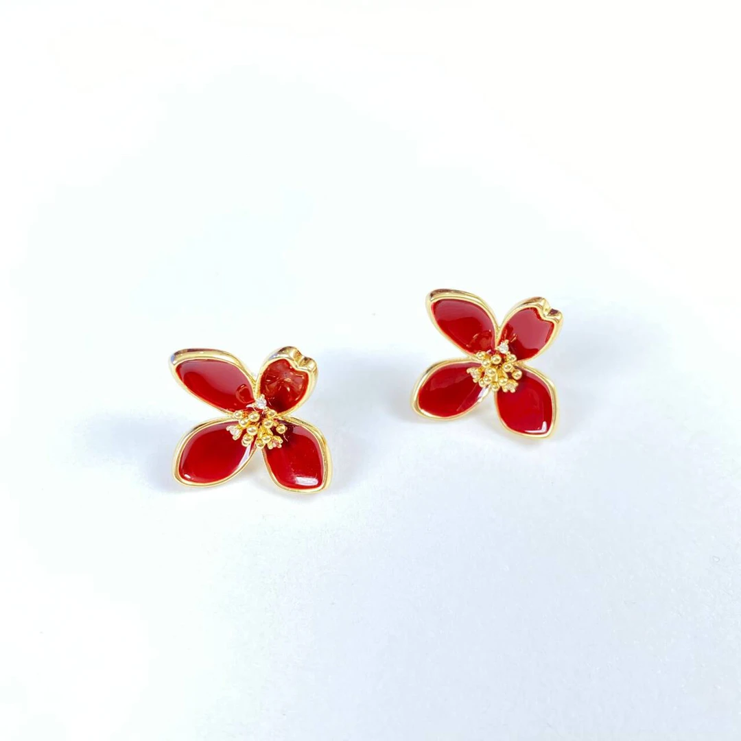铜合金耳饰 《货号8491》红色花花耳钉