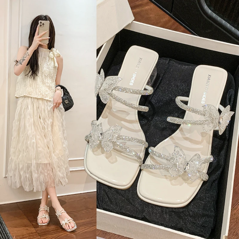 【芙俪兰】夏季晚晚风韩版水钻蝴蝶结高跟水晶跟拖鞋凉拖一字拖