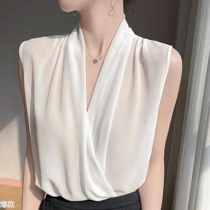 法式夏季无袖恤领吊带背心女西装内搭雪纺交叉白色衬衫衬衣上衣