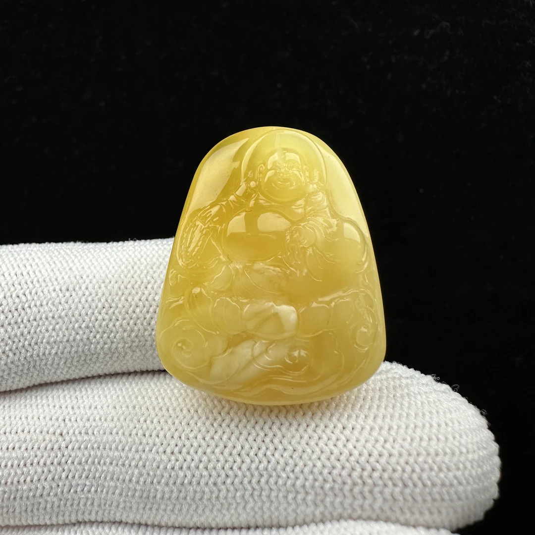 Y3477天然蜜蜡 雕刻弥勒牌24.4*30*12mm 支持鉴定 假一罚四