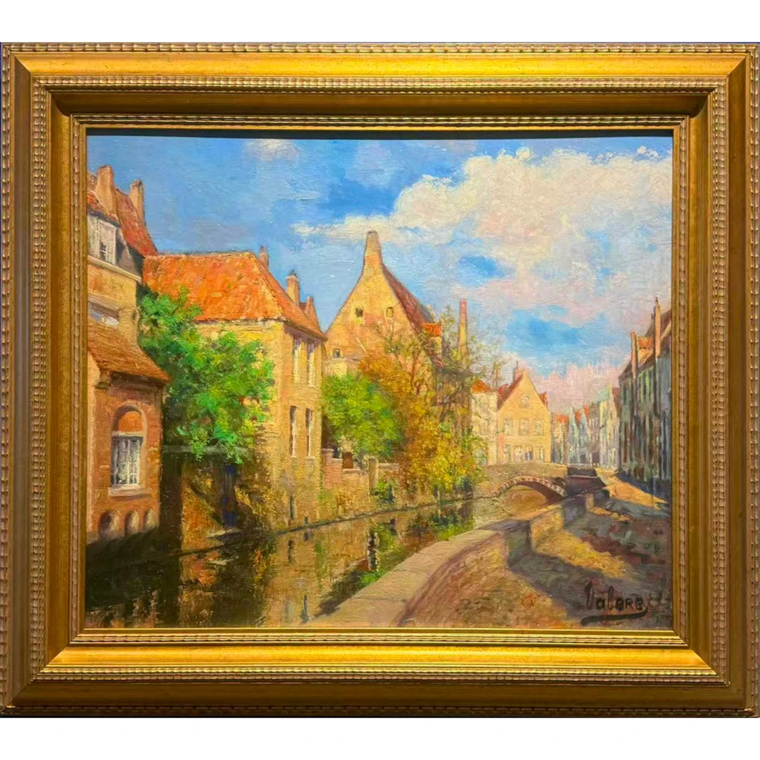 瓦勒尔 比利时 《布鲁日运河的阳光》  板上油画 外框尺寸：78×89 cm