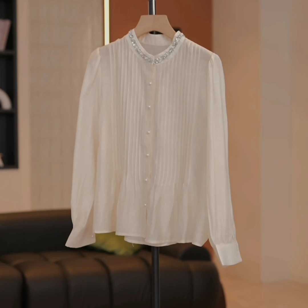 Caltivrou高级感气质显瘦立领镶钻百褶衬衫女上衣Y14893