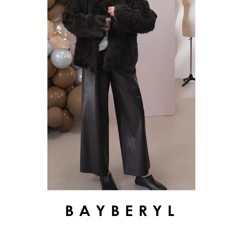 BAYBERYL老贝超薄皮裤阔腿松紧腰百搭黑时尚休闲裤XXK5H1501-8/17