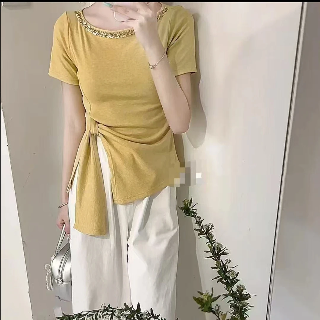 2025春夏季法式亮片一字肩不规则系带女设计感修身显瘦短袖上衣