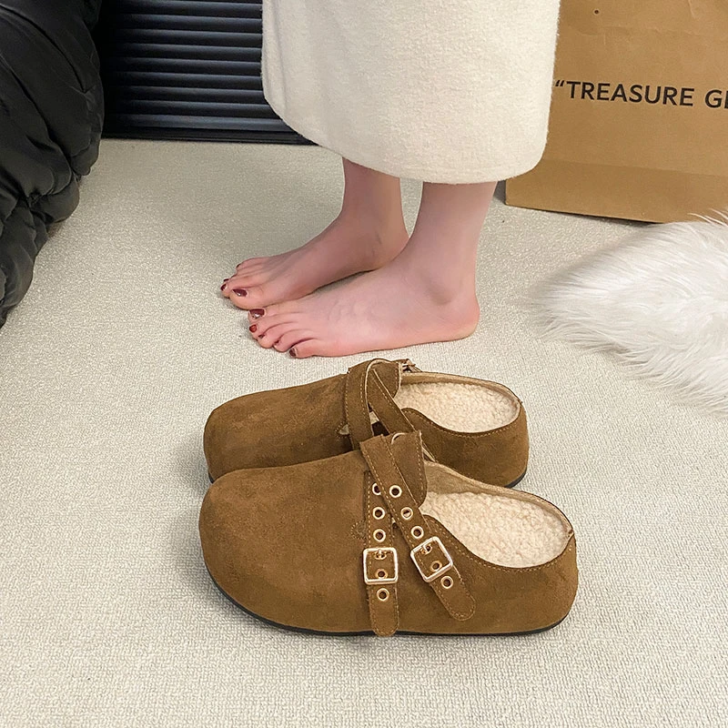时尚复古风简约包头拖鞋女秋冬季小个子内增高拖鞋磨砂皮勃肯拖鞋