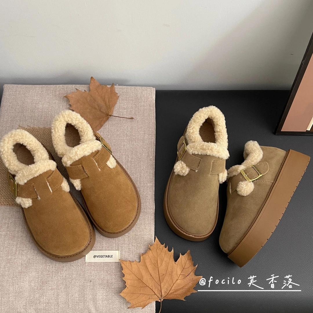 2024冬季新款厚底加绒勃肯鞋女时尚纯色棉鞋休闲风软底舒适雪地靴