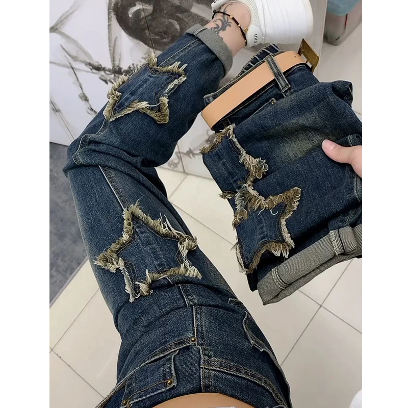 蓝色哈伦牛仔裤女春秋大码加绒高腰弹力宽松显瘦小个子九分老爹裤