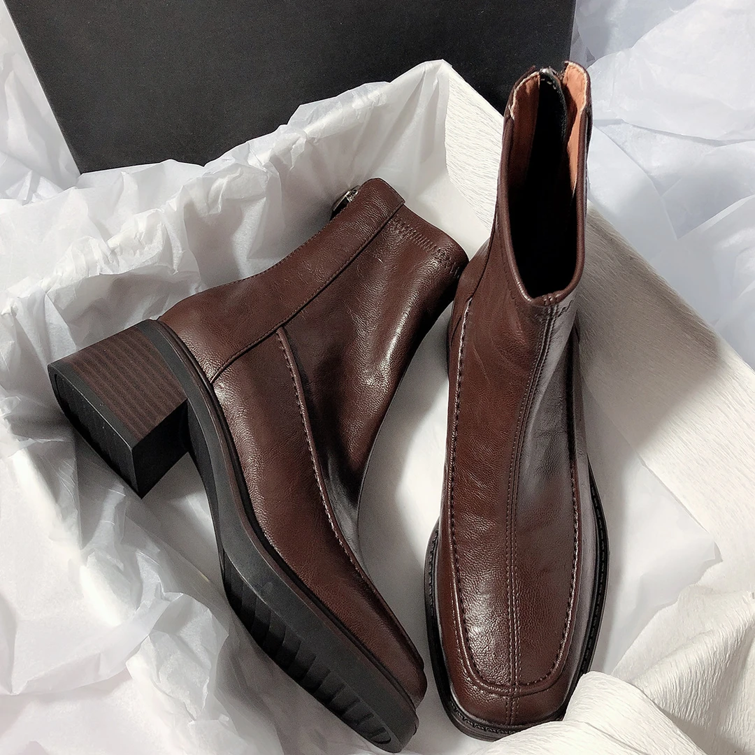 新品森屿海巷 弹力短筒包腿靴新款通勤真皮方粗跟拉链高跟瘦