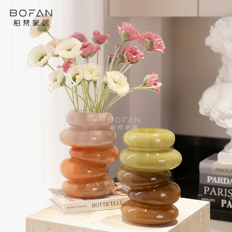 bofan/柏梵渐变花瓶粉色螺旋不规则扭曲水培客厅桌面玻璃花器装饰