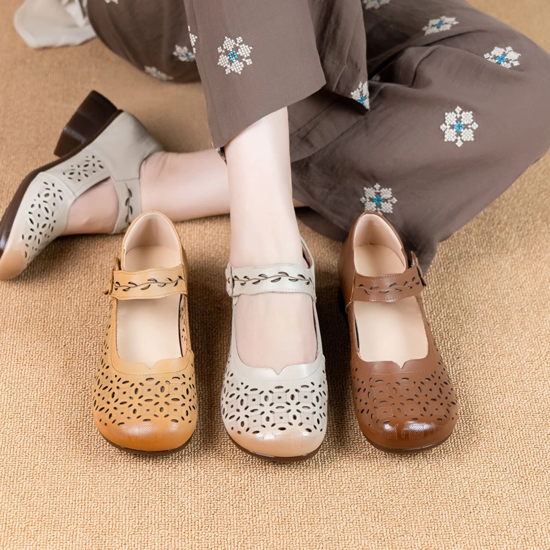 新款真皮舒适休闲夏季软底妈妈鞋复古防滑包头通勤女单鞋 2092