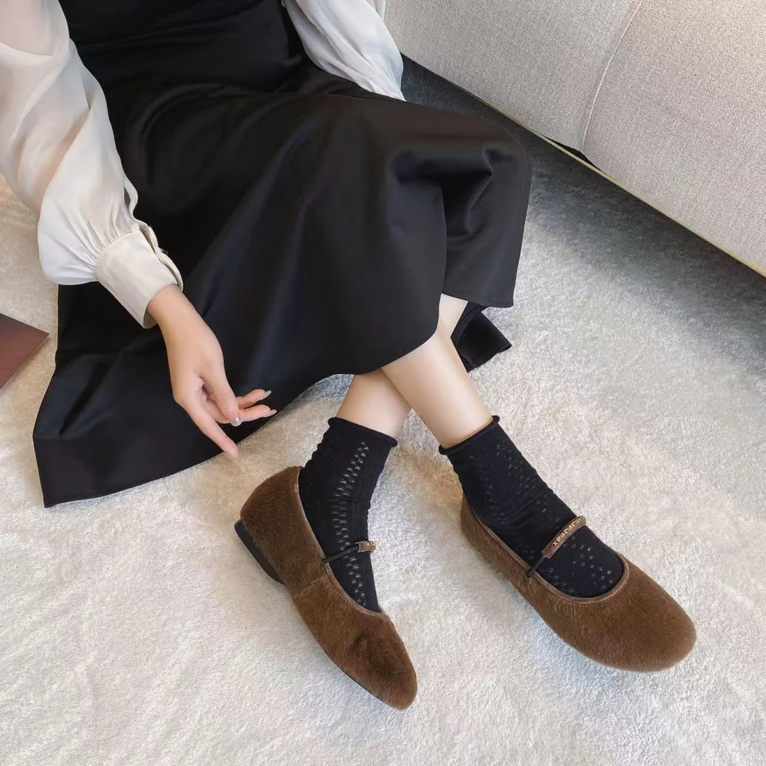 C2236 卡其色 高端圆头舒适平跟玛丽珍浅口女单鞋