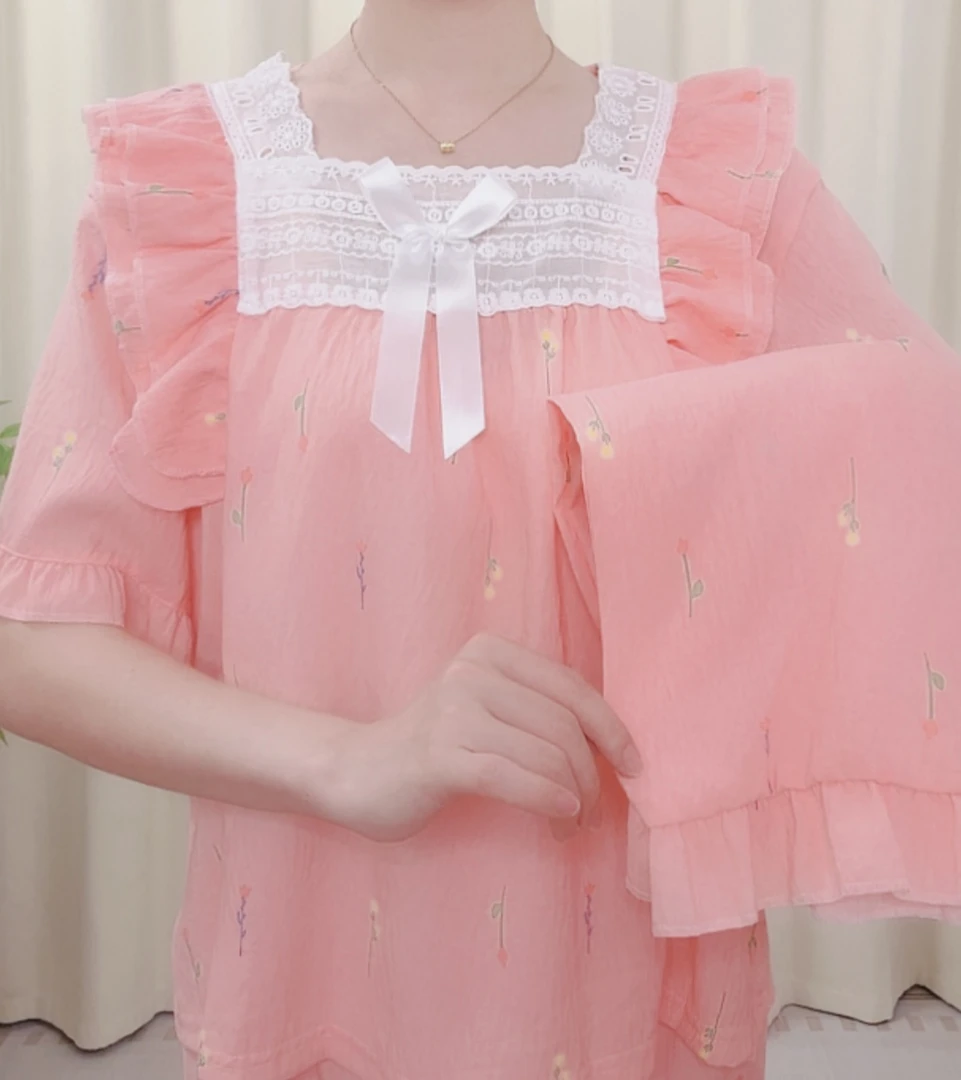 睡衣女夏季短袖套装新款薄款女士带胸垫宽松三件套家居服夏天