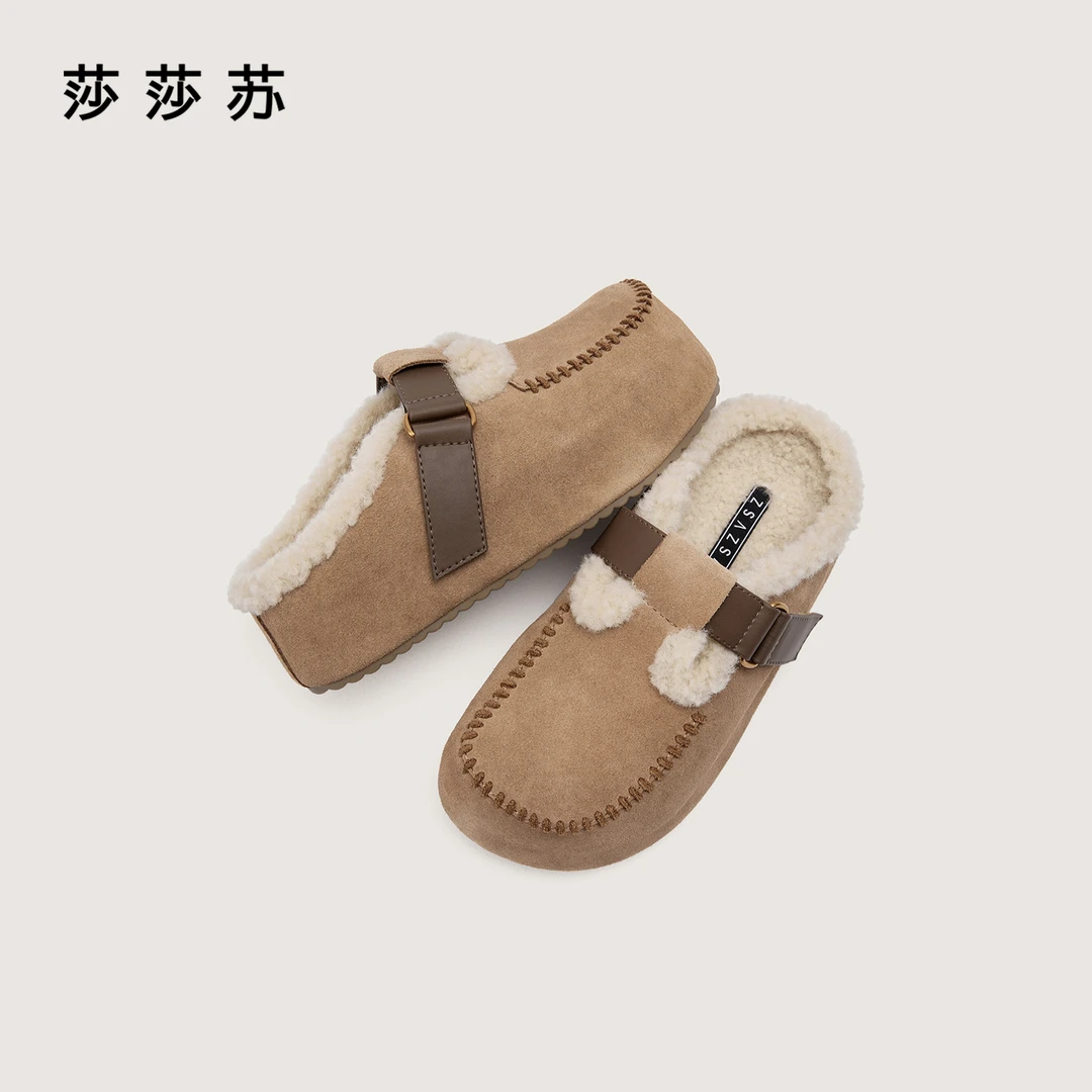 莎莎苏2025秋季新款圆头一脚蹬可外穿保暖毛毛鞋勃肯鞋ZA65586-40